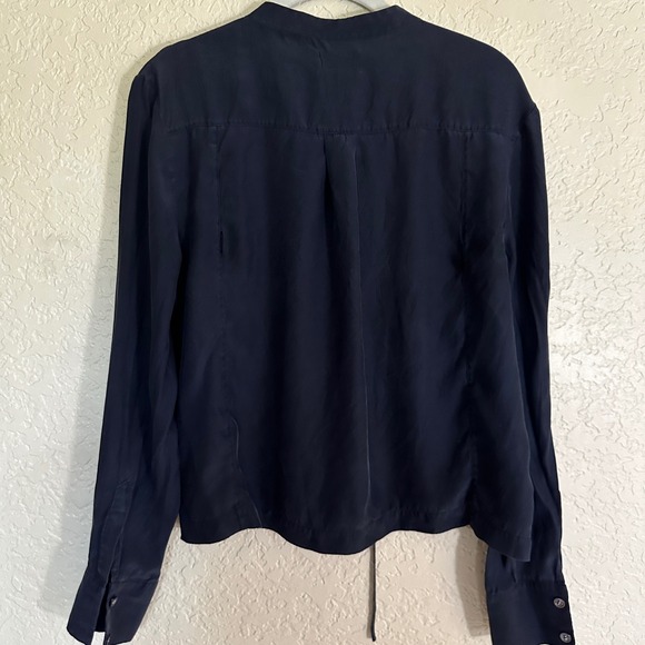 FRAME Small Satin Blouse Navy Blue Lace Up Neck Long Sleeve 100% Silk Top - Picture 9 of 9